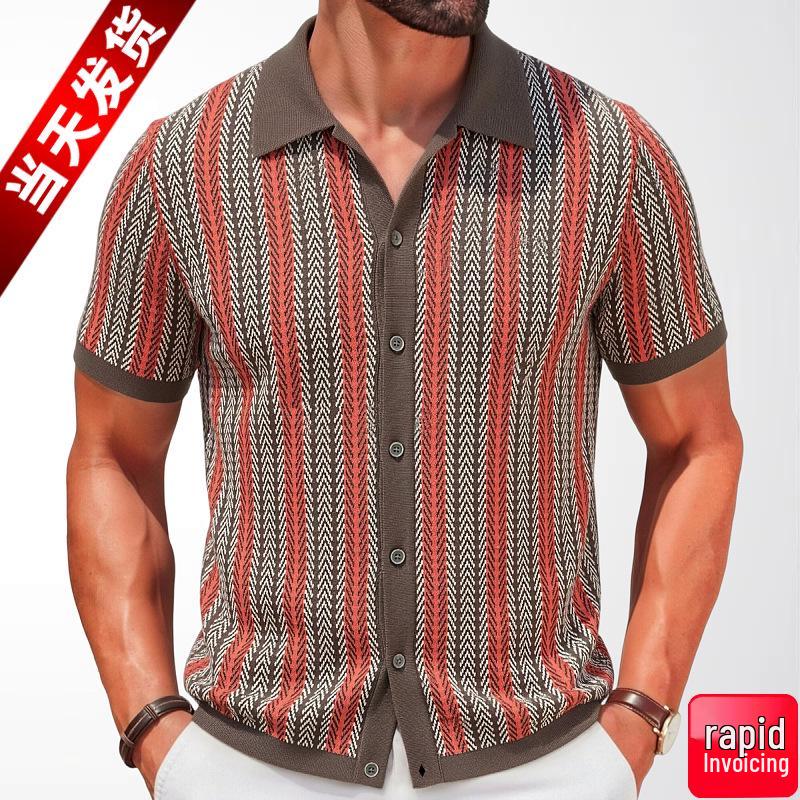 Men's Summer Striped Jacquard Business Polo Shirt - Trendy Short-Sleeved Knitwear