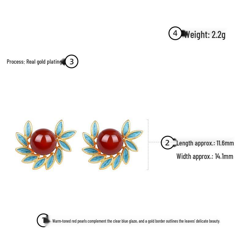 Gold-Plated Enamel Red Agate Earrings for Women with 925 Sterling Silver Posts - High-End New Chinese Style