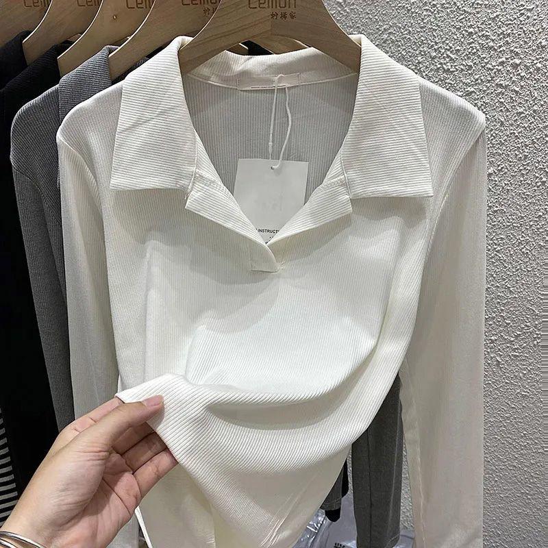 Women's Long-Sleeve Ribbed T-Shirt Autumn Winter Slim-Fit Polo Collar Base Shirt Knitted Pullover Top