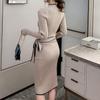 Damen Herbst Büro Stehkragen Unregelmäßiges Strickkleid Vintage Mittellanges Bandagekleid Schlanke Unterseite Langarm Pulloverkleid Winter