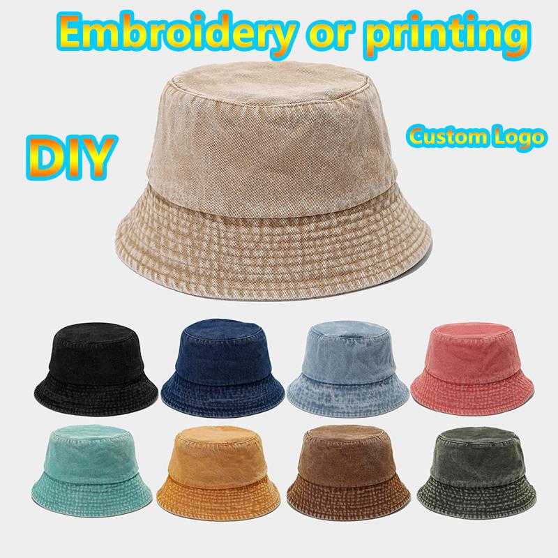 New Unisex Custom Logo Solid Washed Denim Fisherman Hat Retro Men Cotton Bucket Hats Outdoor Women Casual Wide Brim Panama Cap
