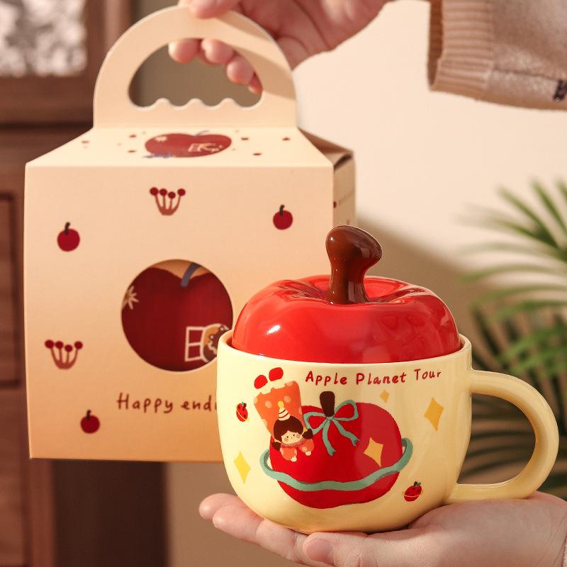 Cute Apple Girl Cup Girl Girlfriend Mug with Lid High Value Ceramic Water Cup Birthday Gift