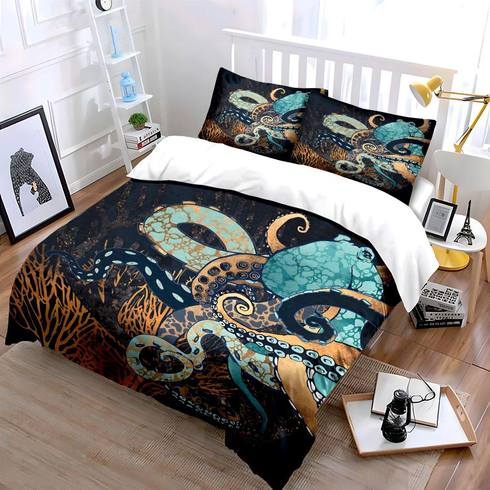 Octopus and coral design. Print Bedding Set 1 Duvet Cover 2 Pillowcases for Adult and Children Luxury Gift Full Size