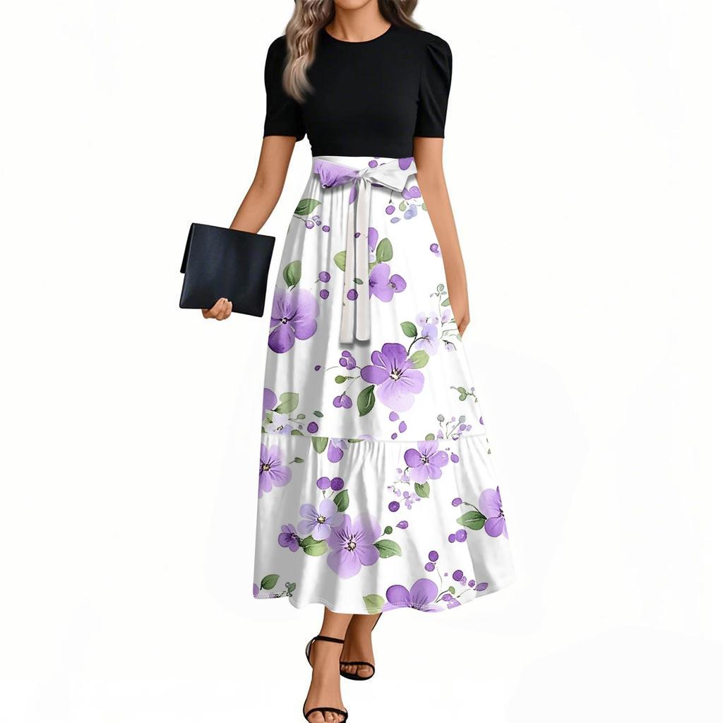 Women's Elegant Fashion Floral Print Belted Short Sleeve Round Neck Splicing Casual Dress