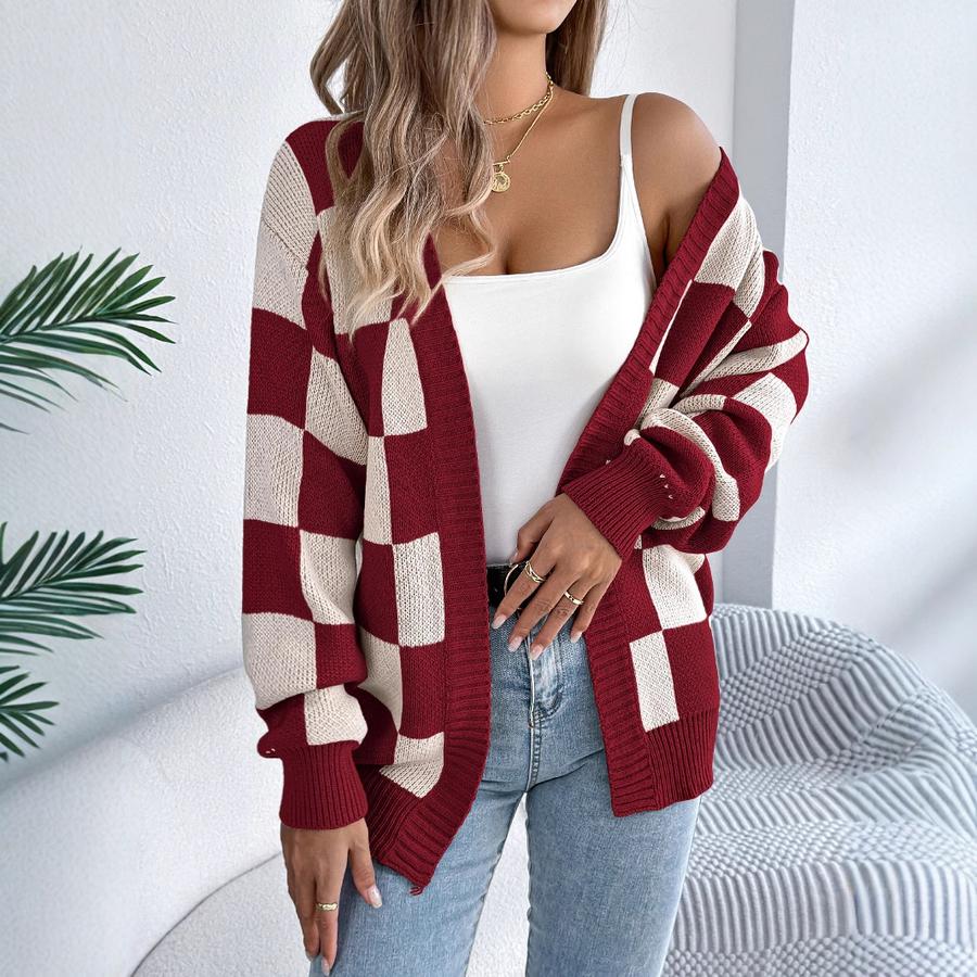 Fall/Winter Color Block Plaid Lantern Sleeve Cardigan Sweater Long Outerwear for Women