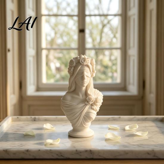 Elegant Retro Sculpture Decor 3D Printed Blindfolded Lady Bust Sculpture White Flower Veil Sculpted Rose Crown Statues Female Statue Artistic