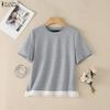 Women Casual Round Neck Short Sleeve Splice Summer Blouse