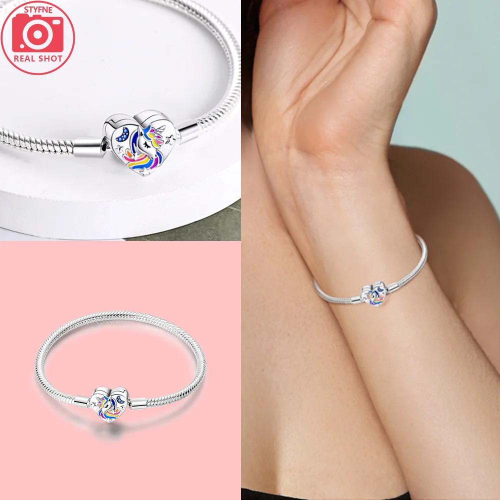 Colorful Dreamy Star Moon Bead Bracelet Fixed Chain Unicorn Women 925 Silver Bracelet Jewelry Anniversary Fine Gift