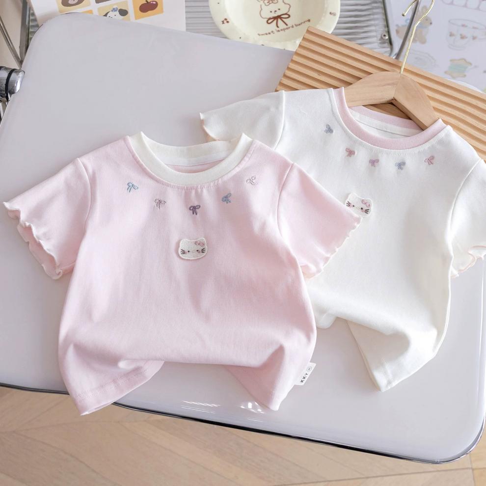 Girls Summer Cotton Short Sleeve T Shirt Cute Bow Cartoon Top Baby Korean Versatile Kids Clothing