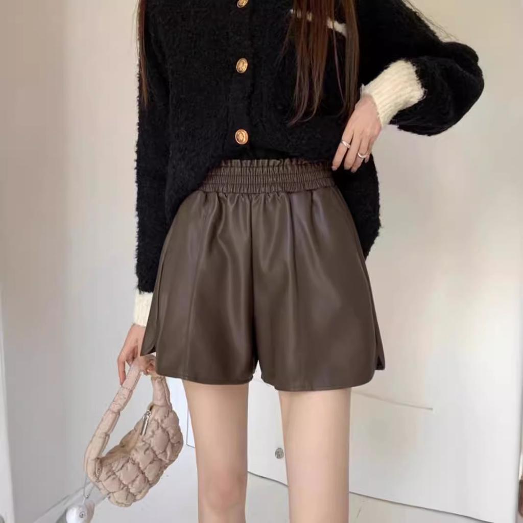 Women's Fall Spring Outer Wear Elastic Waist High Waisted Slimming A-Line Wide Leg PU Leather Shorts Petite Base Pants Mini Shorts