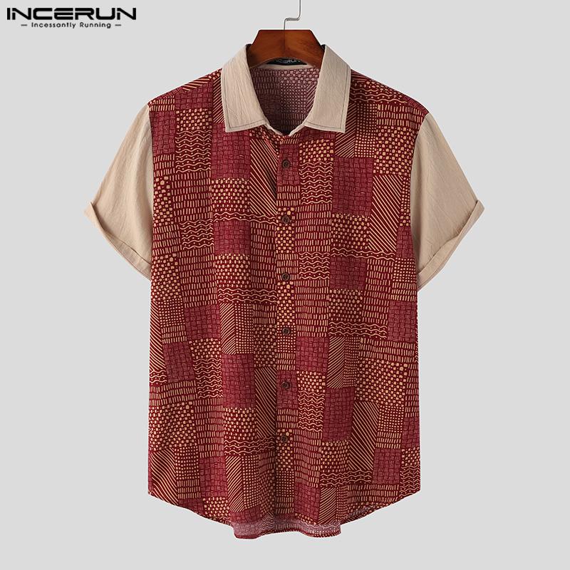 

INCERUN Мужские цветные летние праздничные рубашки с короткими рукавами и строчкой