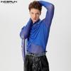 INCERUN Men Ruffled High Neck Patchwork Front Cross Fitted Tops Mesh Sheer Irregular T-shirts