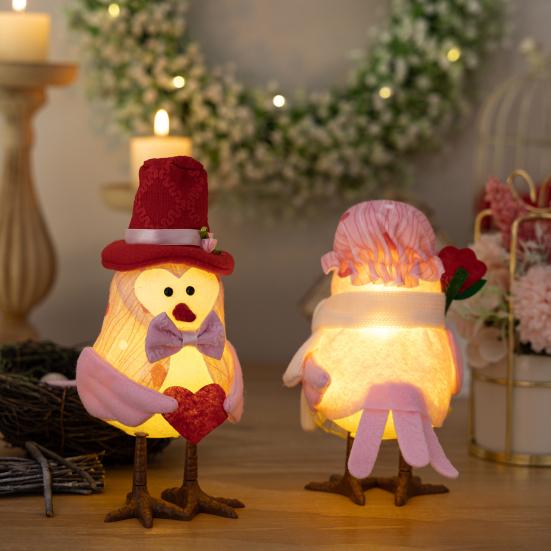 Valentine's Day Bird Figurines Lighted Couple Birds Statue Tabletop Standing Fabric Birds Ornament for Tiered Tray Table Shelf Mantel Fireplace Decor