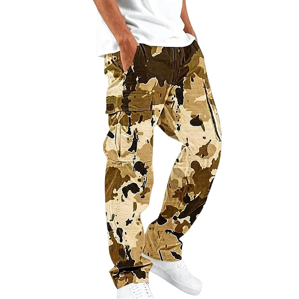 Men Drawstring Elastic Waist Cargo Pants Four Pockets Digital Print Loose Fit Long Trousers for Daily Outdoor Wear