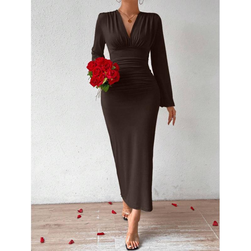 V-Neck High-Waist Slimming Long-Sleeve Evening Dress for Women