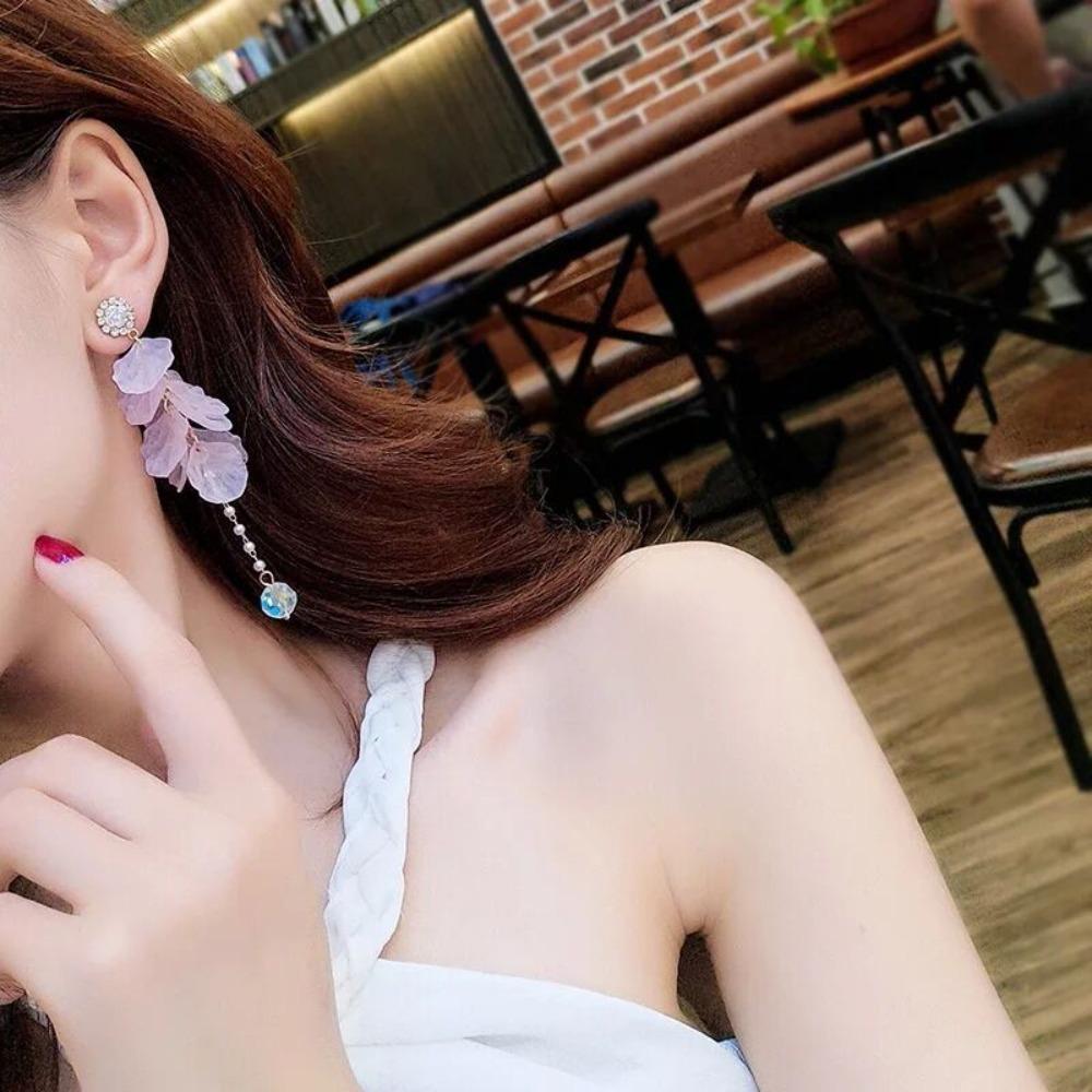 Super Fairy Pink Flower Petals Pearl Long Tassel Dangle Earrings for Women Romantic Wedding Party Daily Wear Vacation Jewelry