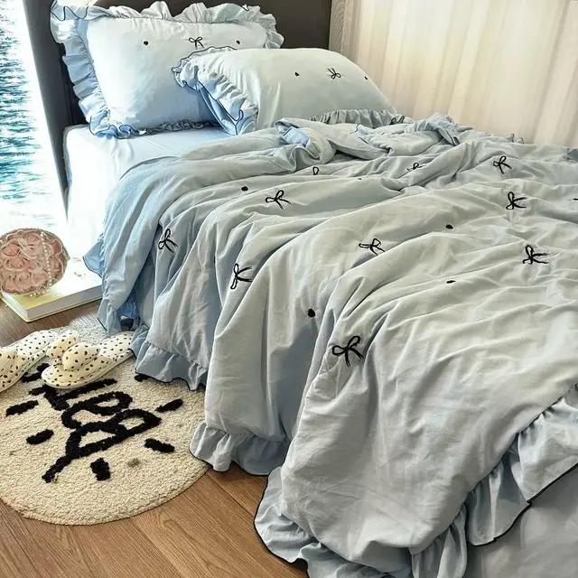 Korean Style Summer Cool Quilt Girl Lace Embroidered Bow Washed Cotton Simple Air Conditioning Quilt 1 pcs Hot Sale