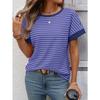 Damen Gestreiftes Waffelstrick T-Shirt Mit Kontrastbesatz Kurzarm Lässiges Rundhals-T-Shirt