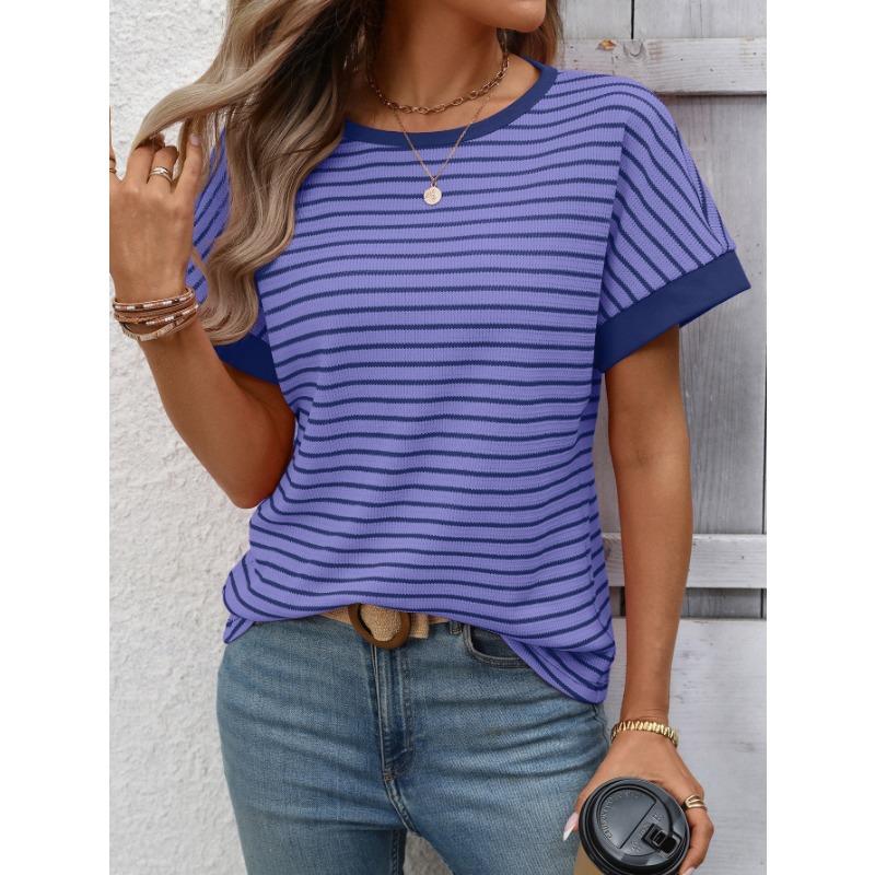 Damen Gestreiftes Waffelstrick T-Shirt Mit Kontrastbesatz Kurzarm Lässiges Rundhals-T-Shirt