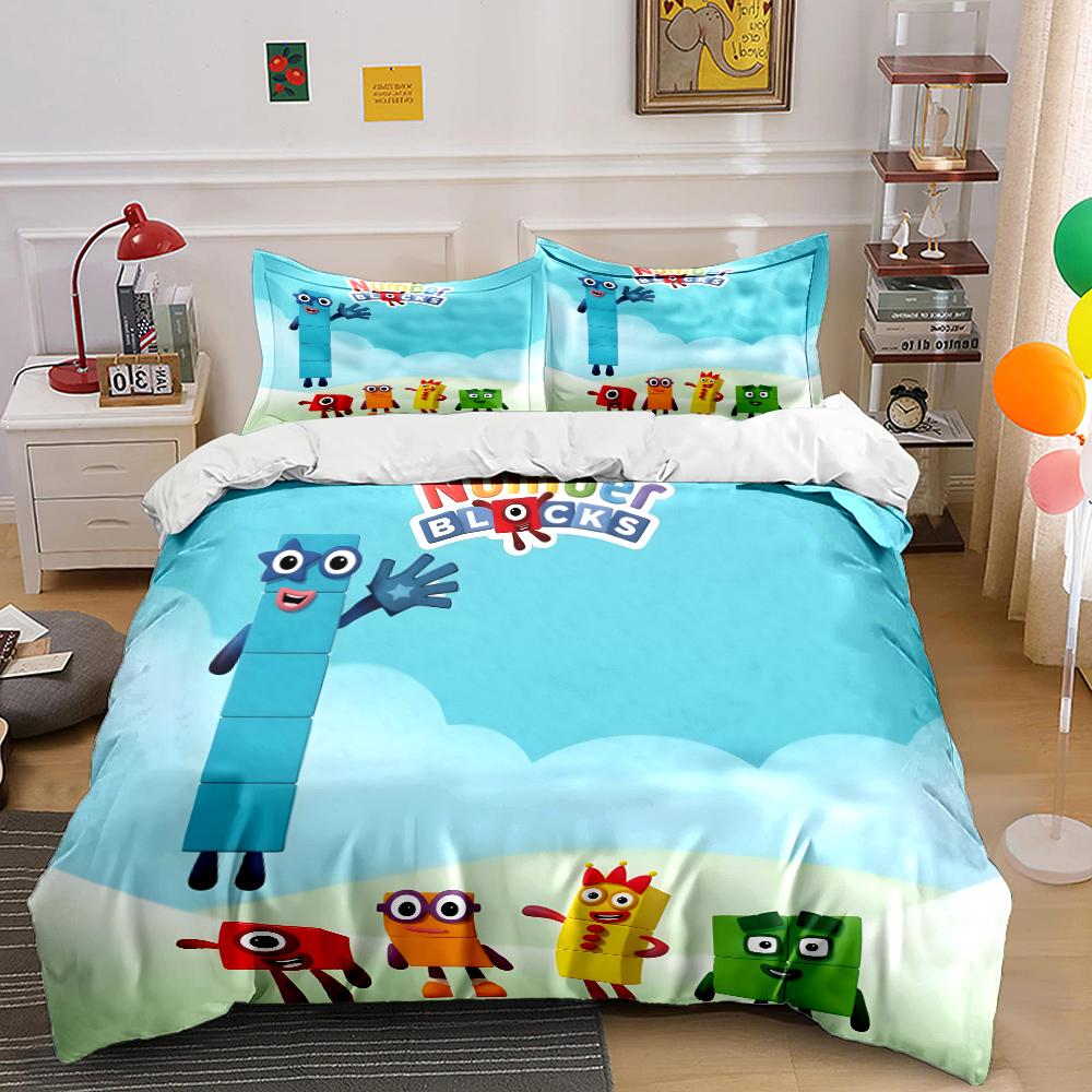 Fun Cartoon Number Building Blocks Printed Bedding Set 1Duvet Cover 2Pillowcases Boys Girls Children Luxury Gifts Multiple Sizes
