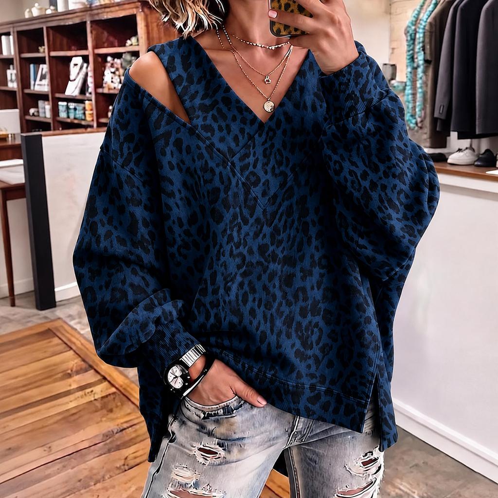 Damen Freizeit Sweatshirt mit Leopardenmuster, V-Ausschnitt, langen Ärmeln, lockerem Schnitt und One-Shoulder-Ausschnitt