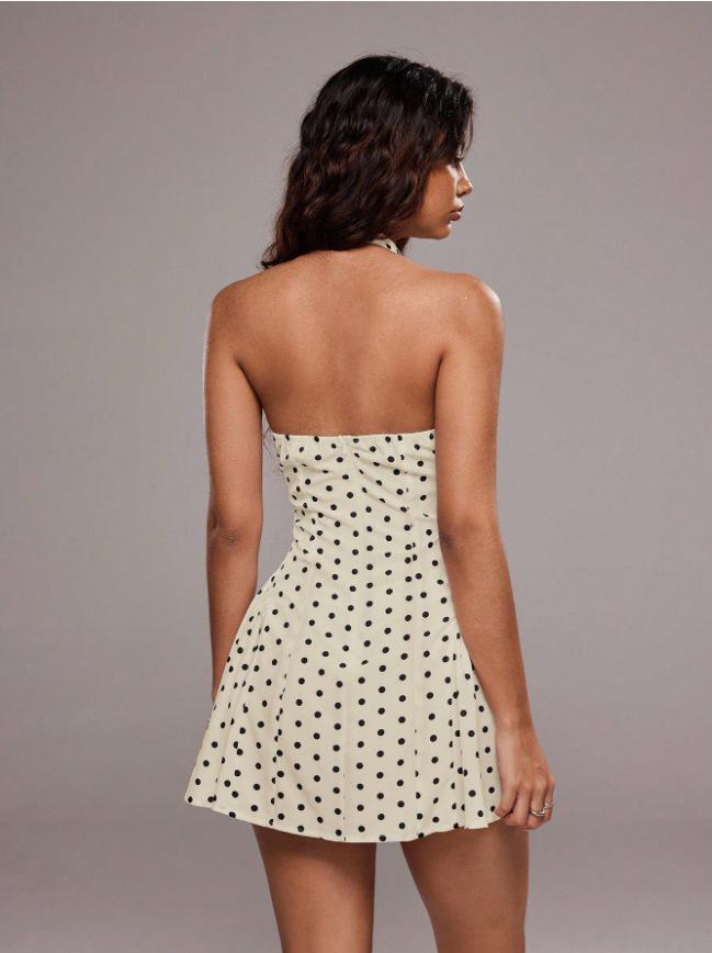 2026 Cross-border Sleeveless Halter Deep V Polka Dot Open Back A-line Mini Dress for Women