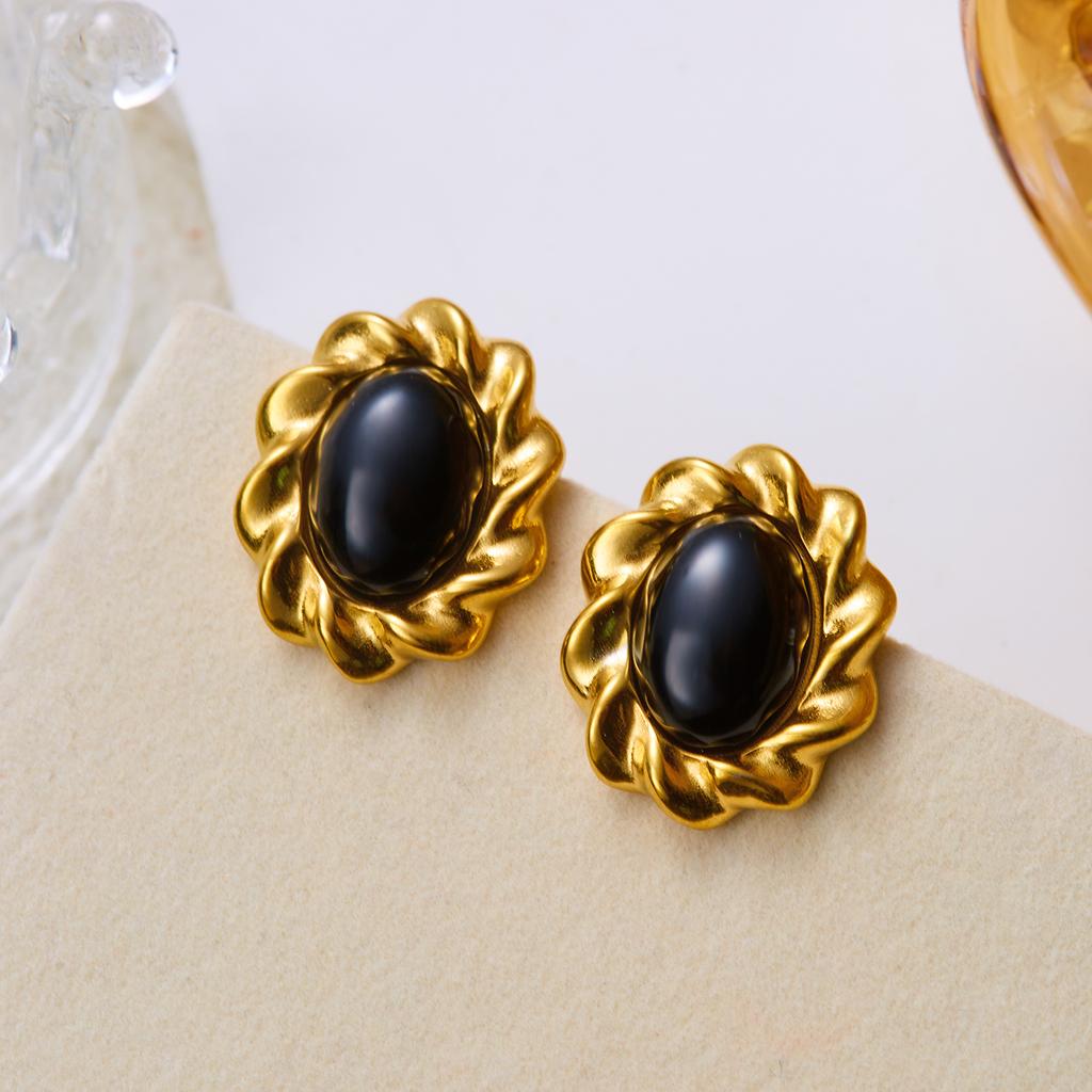 Orecchini a lobo ovali in acciaio inossidabile color oro vintage per donna Design di nicchia Inlay in resina nera Orecchino Festa Gioielli casual
