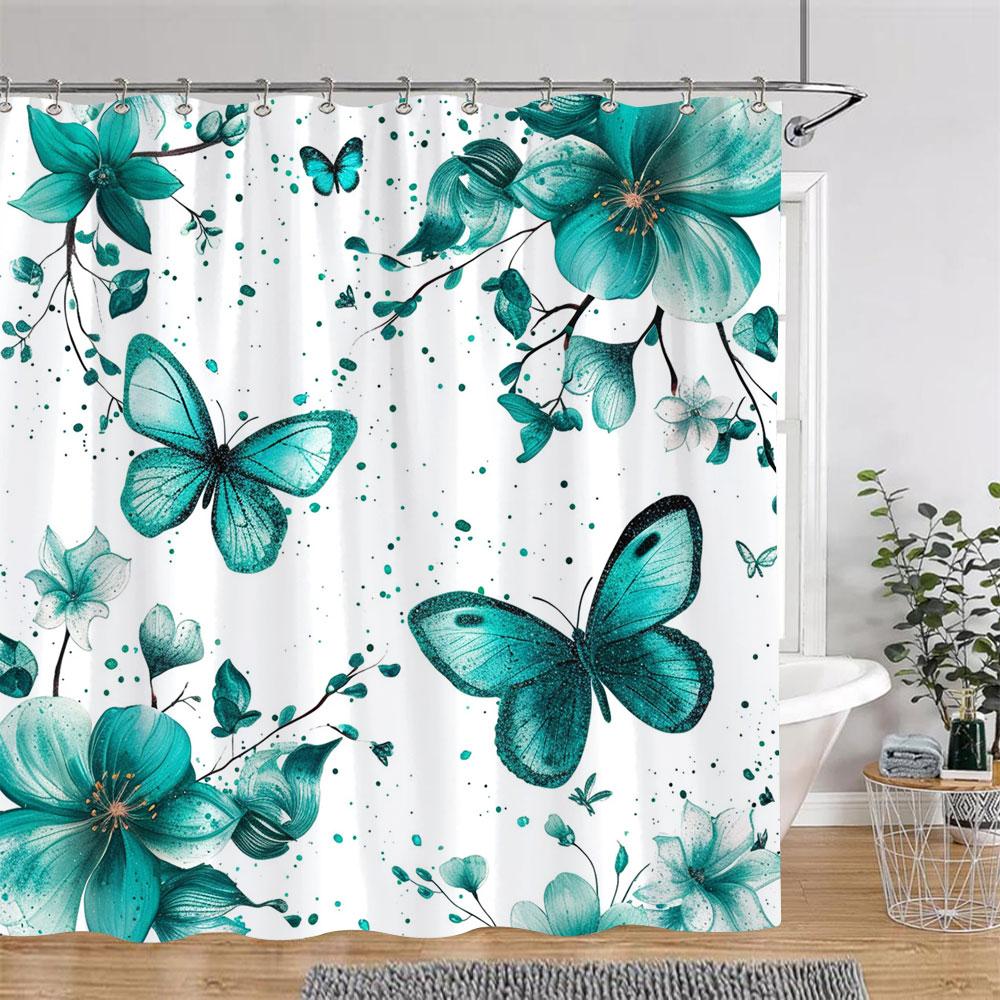 Pretty Roses Shower Curtain Mysterious Purple Flower Butterfly Valentine's Gift Polyester Bath Curtain Bathroom Decor with Hooks