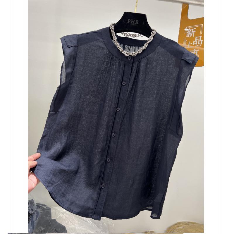 European Style 2025 Summer Tencel Cotton Linen Flutter Sleeve Women s Top Large темно-синий