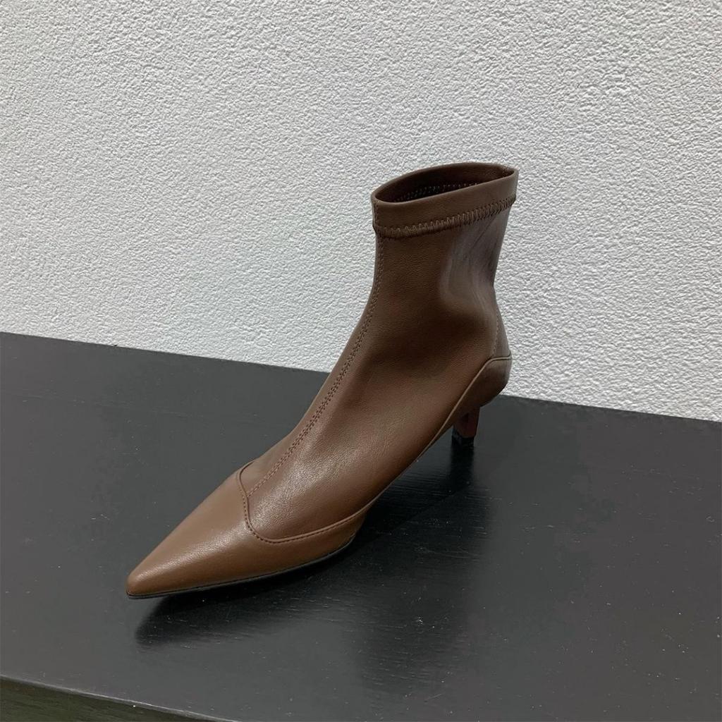 French pointed short boots women's spring and autumn low-heeled fashion soft leather versatile velvet display and bare boots