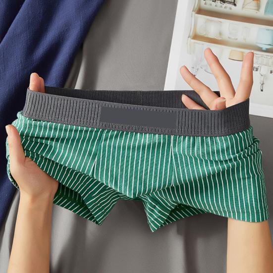 Men Boxer Underwear Mid-rise Striped Print Patchwork Color Thin Shorts Briefs Quick Drying U-convex Panties