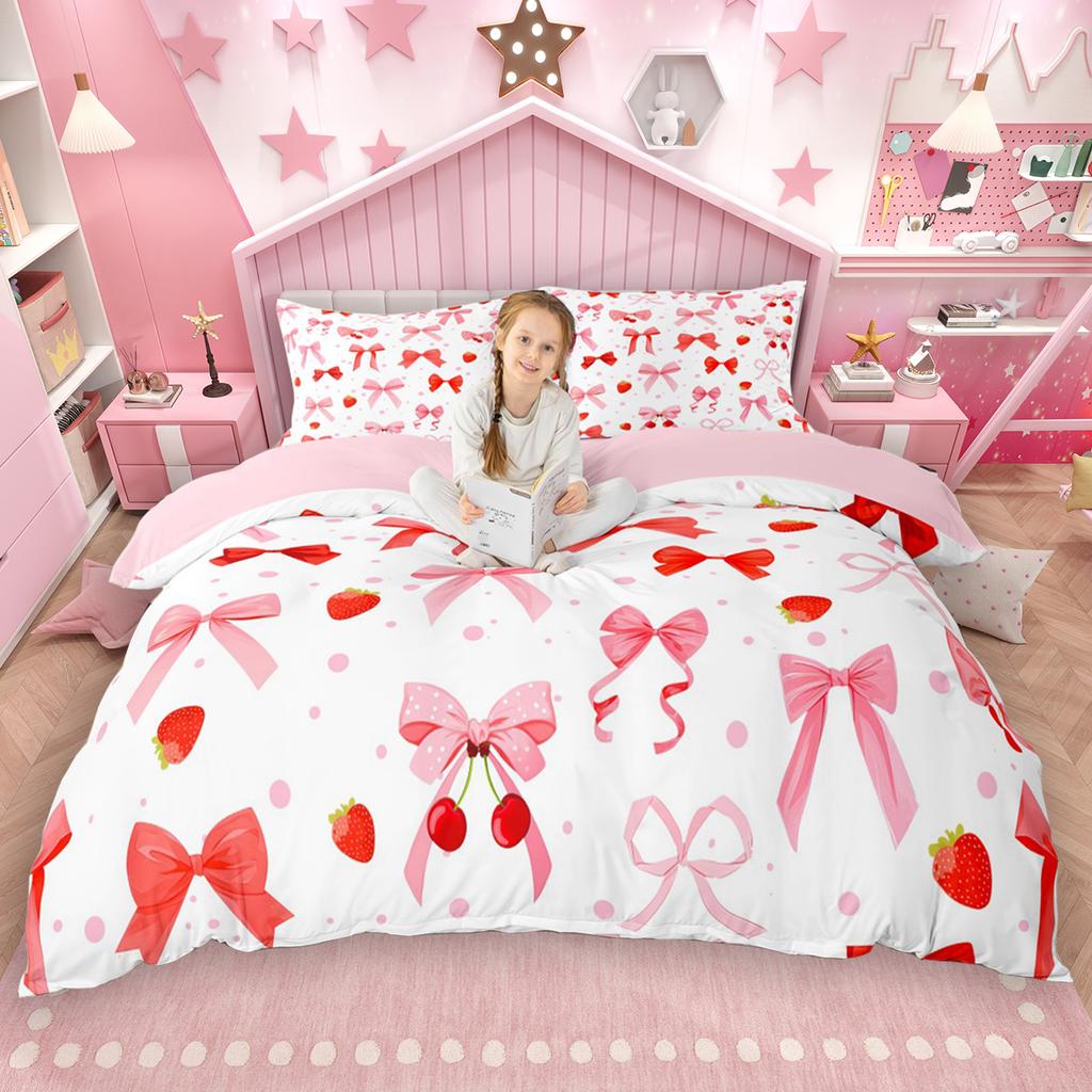 Homewish Kreskówkowy Zestaw Poszewki na Kołdrę z Kokardką 2szt./3szt. dla Dziewczynek, Różowy Zestaw Pościeli z Kokardą, Księżniczkowy Zestaw Pościeli z Wstążką