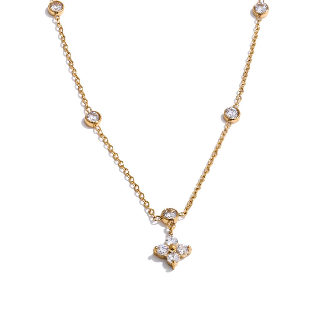 Yhpup Chic Cubic Zirconia Flower Pendant Exquisite Necklace for Women Stainless Steel Delicate Daily Sweet Jewelry Accessories