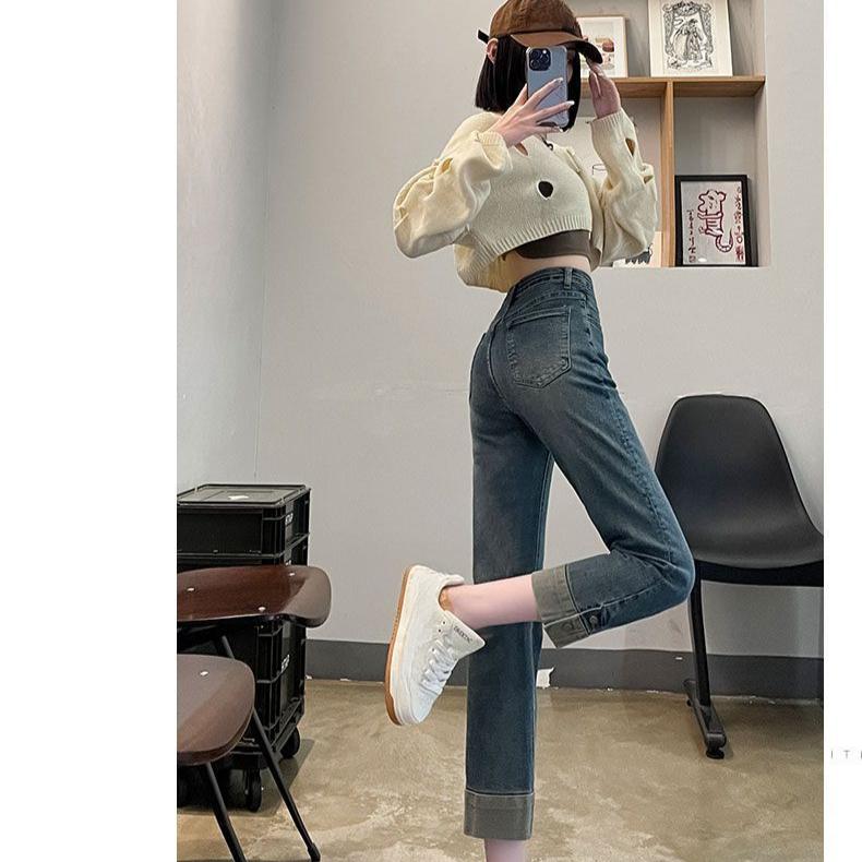 Vintage High Waist Slim Stretch Jeans Women Retro Straight Leg Ankle Length Simple Denim Pants
