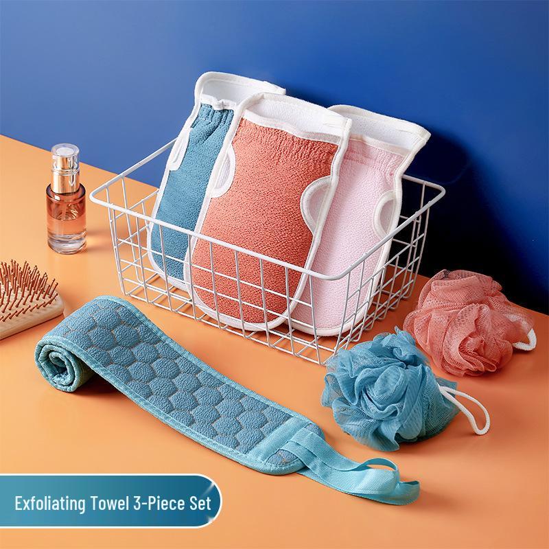 Adult Bathing Set: Towel, Long Back Scrubber, Exfoliating Mitt, and Bath Ball