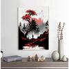 Japanische Naturlandschaft Bergtempel Leinwandbild Rote Schwarze Poster Vintage Kunst Wanddrucke für Zimmer Heimdekoration