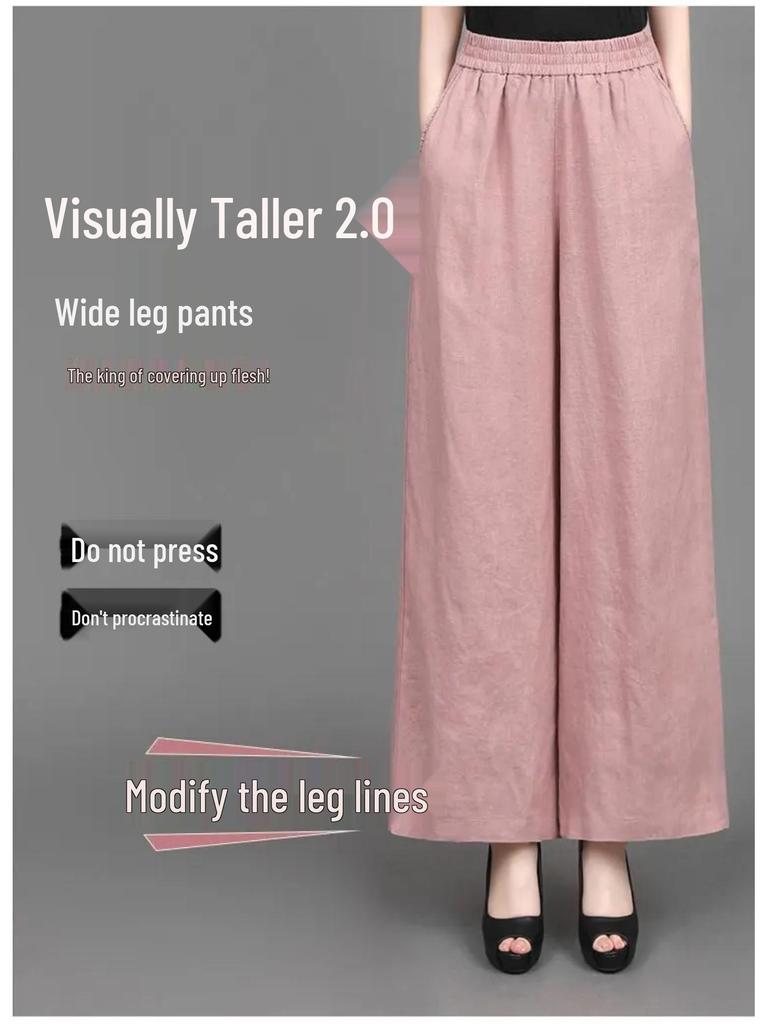 Women's 2025 Summer Cotton Linen Wide-Leg Pants - Simple, Casual, Thin, Loose, Elastic High Waist