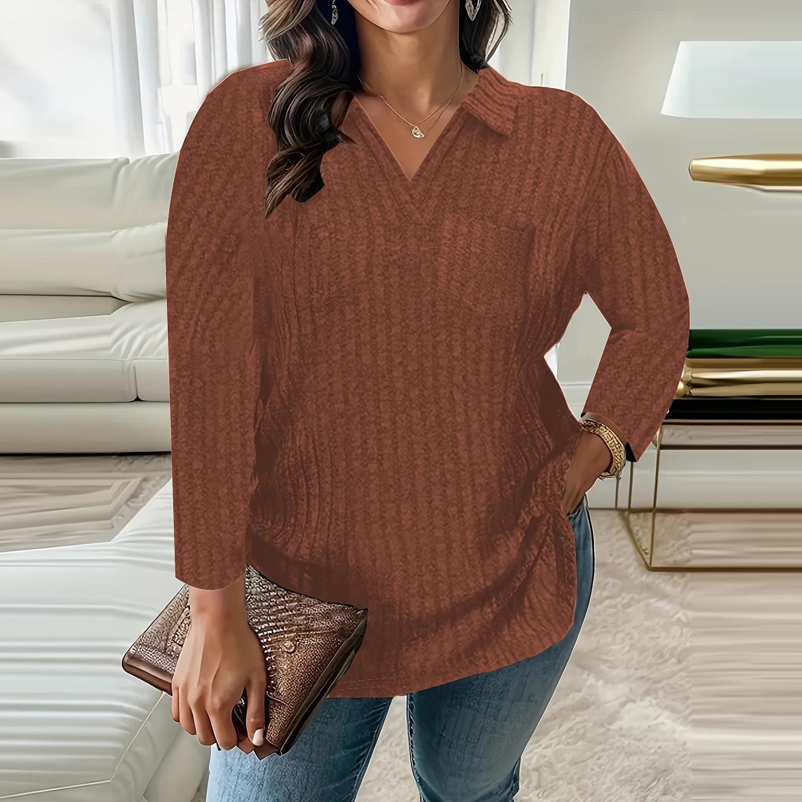 

Женская модная повседневная футболка с V-образным вырезом и длинным рукавом, однотонный пуловер XL красный