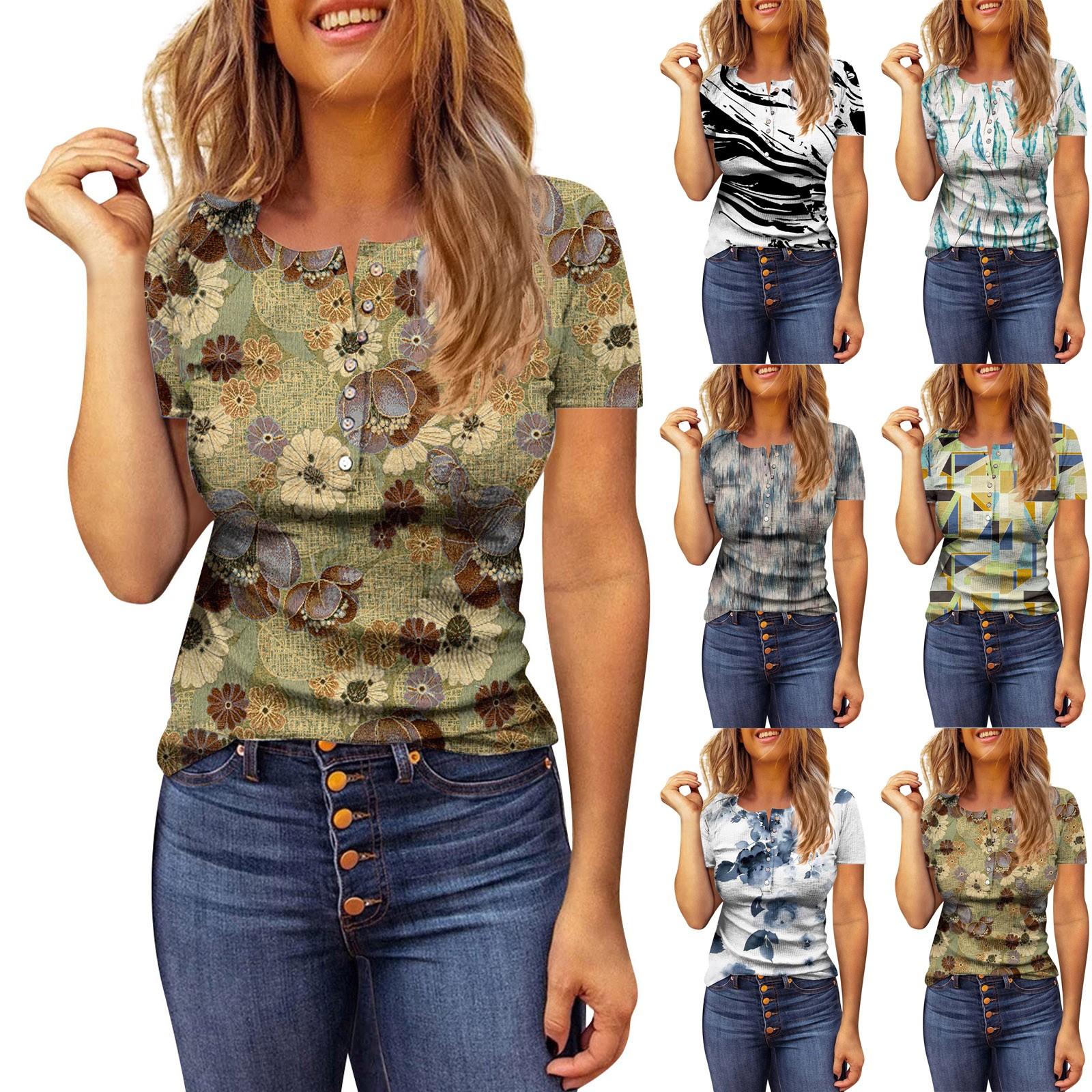 

Женская мода с принтом и коротким рукавом, повседневный пуловер на пуговицах, верхняя блузка