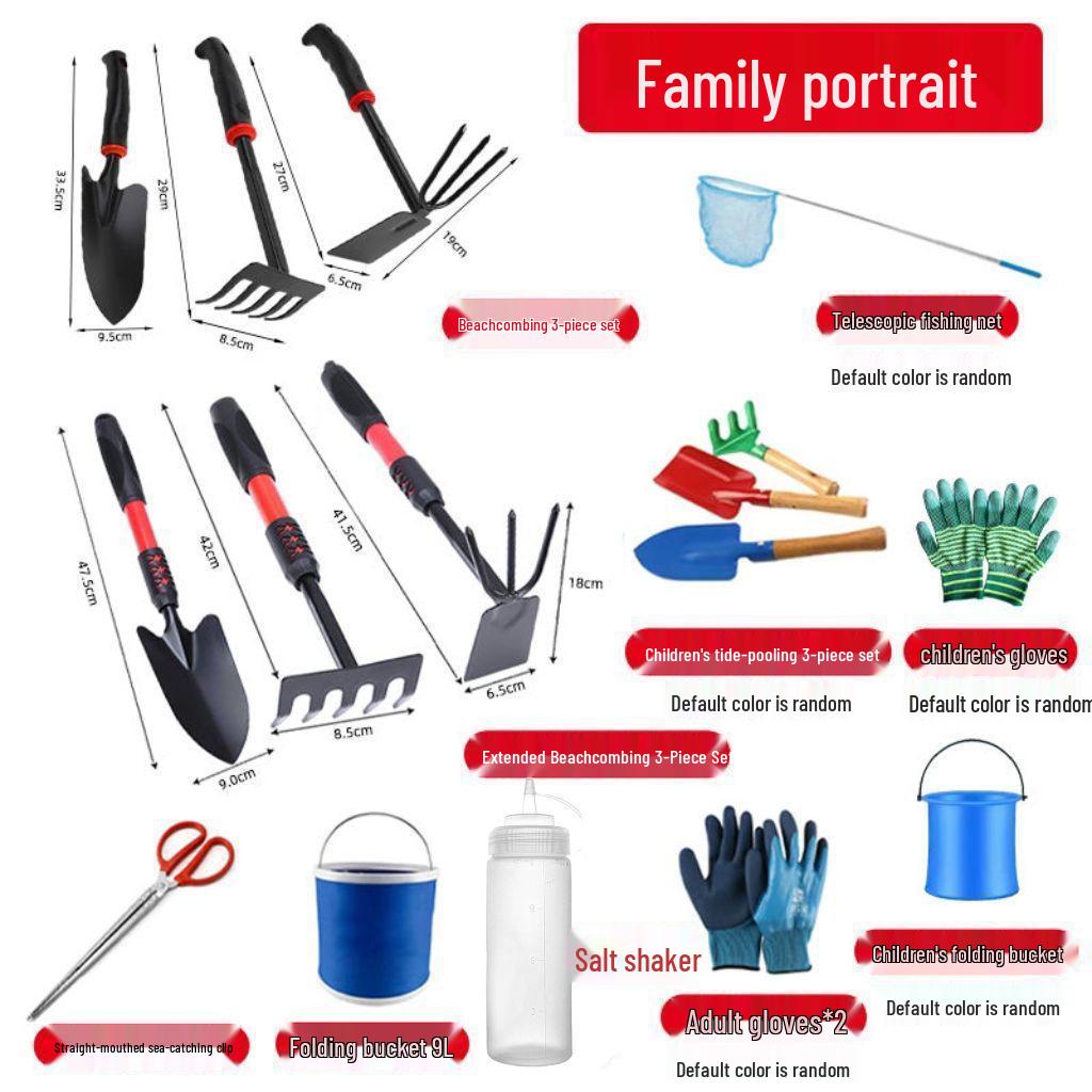 Sada plážových nástrojů pro lov přílivu: Lopata, hrábě a motyka pro sběr škeblí a zahradničení s mušlemi