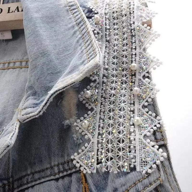 Modna koronkowa kamizelka dżinsowa z koralikami damski kardigan wiosenna kurtka bez rękawów modne luźne dżinsy w stylu vintage