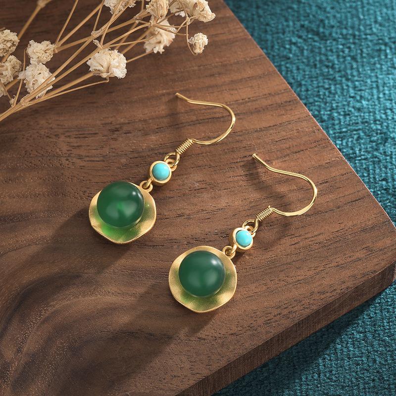 

2021 New Chinese Style Gold Plated Chalcedony Agate Dangle Earrings for Women