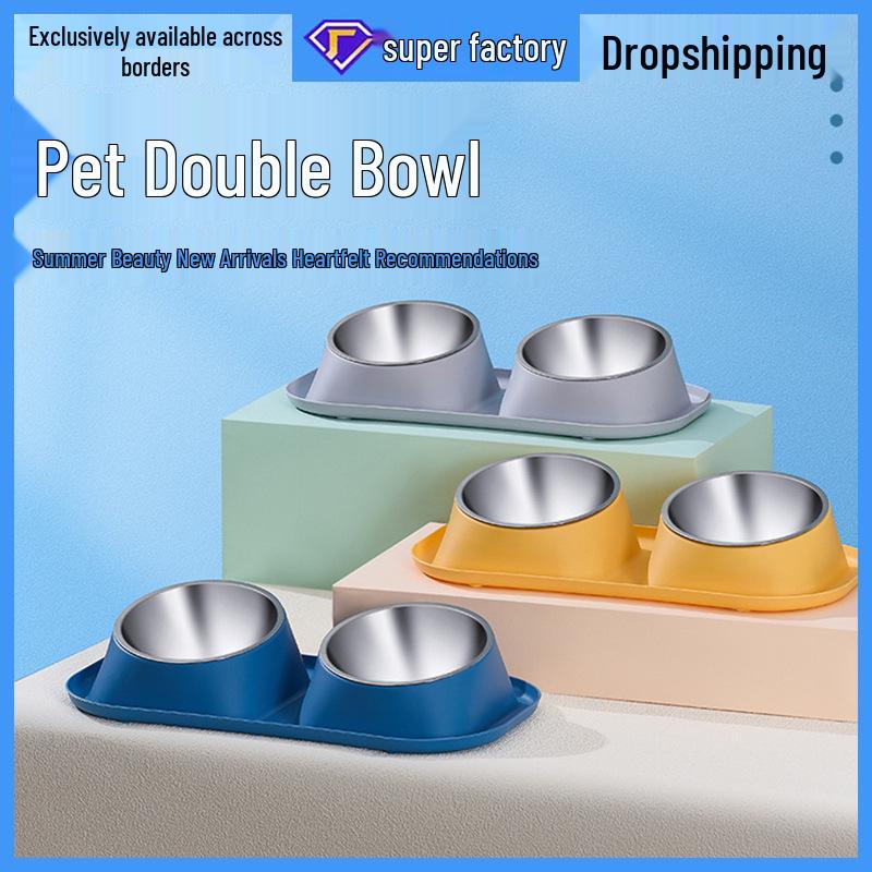 Stainless Steel Anti-Tip Cat & Dog Bowl Set - Large Capacity, Leak-Proof, Double Bowl Design