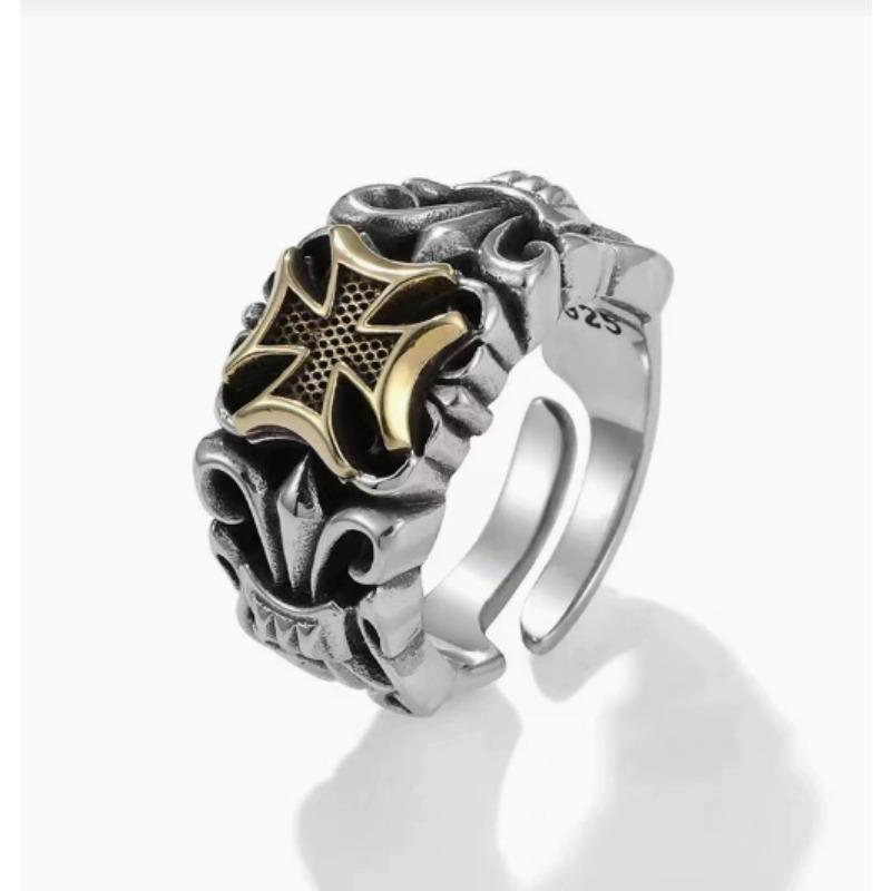 Vintage Thai Silver Cross Anchor Ring for Men Personalized Hip-Hop Punk Style Blackened Distressed Trendy Adjustable Finger