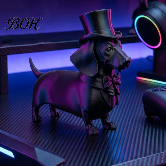 Gentleman Style Ornament 3D Printed Dachshund Statue with Top Hat, Vintage Dog Calm Home Accent Piece Figurine, Cute Desk Decor for Office,