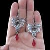 Gothic Punk Sliver Color Vampire Bat Red Water Drop Crystal Dangle Earrings for Women Hallowmas Party Jewelry Accessories Gifts