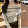 One-line Collar Pleated Waist Long-sleeved T-shirt Women's Sweet and Spicy Autumn and Winter New Ins Slimming Short Bottoming Top