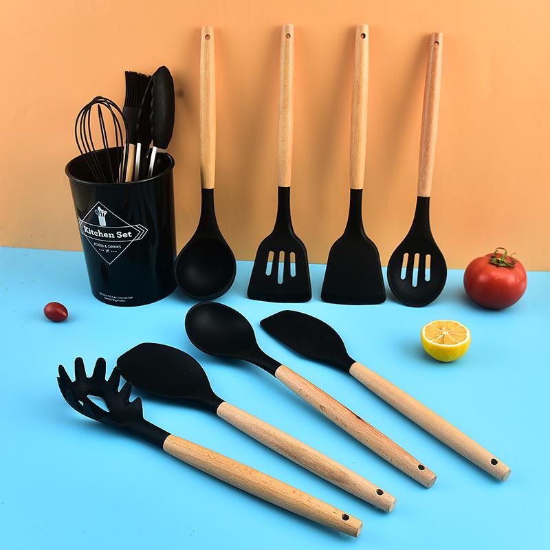 

12-Piece Silicone Kitchen Utensil Set with Wooden Handles and Storage Cylinder