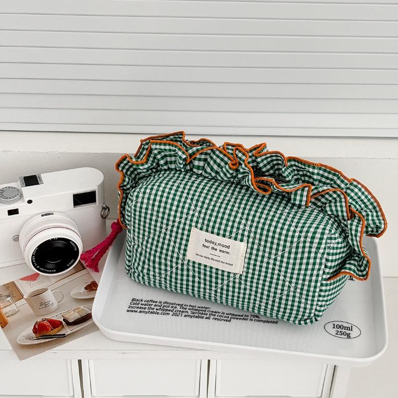 Women's Vintage Gingham Cosmetic Makeup Bag with Ruffled Edges-Large Capacity Organizer, Elegant Ribbon Bow Closure for Daily