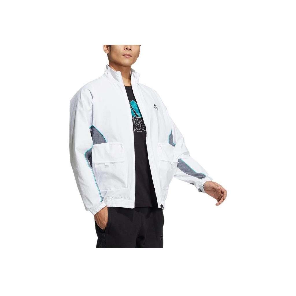 Adidas Logo Print Patchwork Stand Collar Zip Jacket Men Outerwear White HM5146